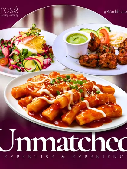 An example of our unmatched expertise, this collage features a fresh salad, chicken tikka, and Korean tteokbokki. It showcases our ability to deliver a diverse range of high-quality dishes.