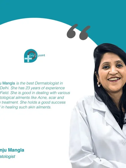 Meet Dr. Anju Mangla, our dermatologist in South Delhi with 23 years of experience. She has a great success record in treating acne, scars, and pimples.