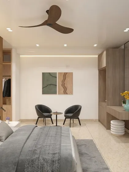 For this hotel in Shimoga, we created a sense of warm minimalism. The design blends clean, modern aesthetics with rich wooden textures and soft, layered lighting to provide guests with a luxurious yet comfortable and grounded retreat.