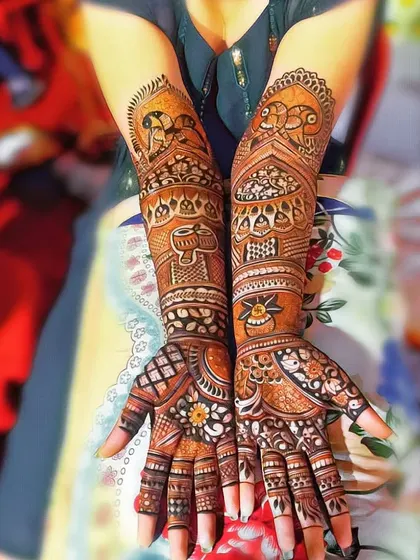 A beautiful bridal design without faces, focusing on traditional motifs like peacocks, drums, and kalash.