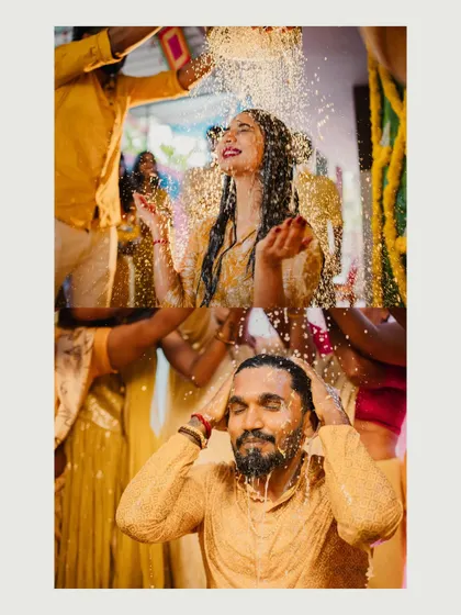 A collage capturing the fun and messy moments of a Haldi ceremony, as the couple is lovingly doused in water and turmeric.