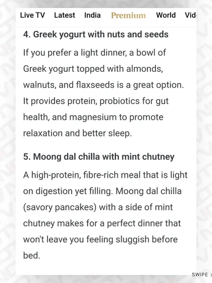For a light dinner, I suggested Greek yogurt with nuts and seeds, or a high-protein moong dal chila with mint chutney.