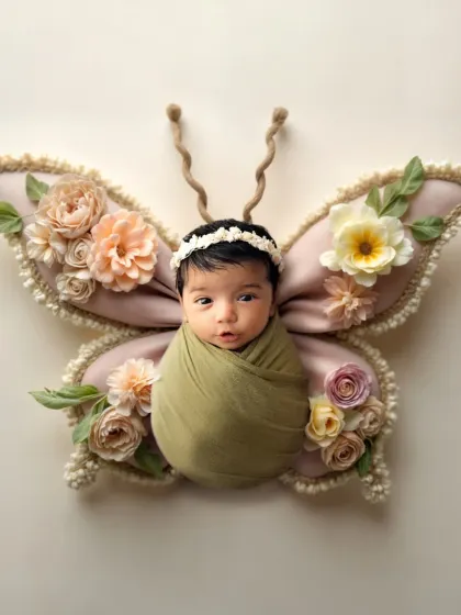 Your little social butterfly. This creative setup uses a custom butterfly prop to frame this sweet, wide-eyed newborn girl.