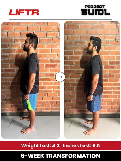 Tejas turned his fitness journey around by losing 4.3 kg and 6.5 inches in six weeks. This side-profile shot shows his progress in building a stronger, more functional body.