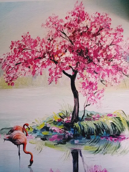 If you have a specific painting or image you love, I can turn it into a custom wallpaper. This beautiful cherry blossom and flamingo scene was created to bring a client's favorite artwork to life on their wall.