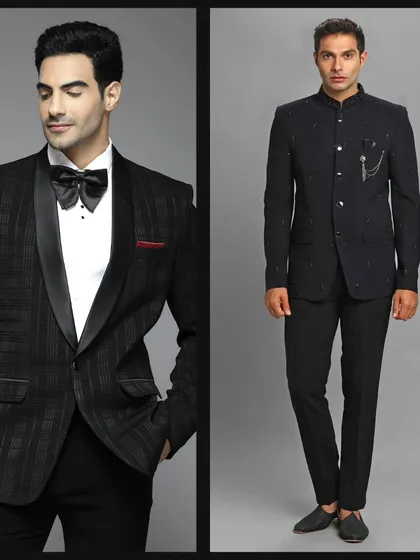 A black checked tuxedo and a black Jodhpuri with a chain detail. It's all about the subtle details.