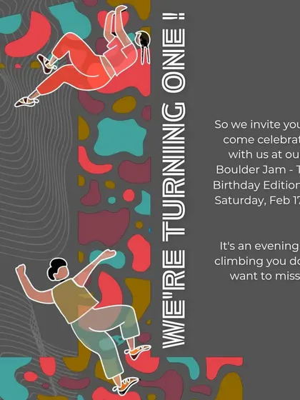 We're turning one! To celebrate our first anniversary, we threw a special Birthday Edition Boulder Jam. This invitation is a celebration of the community that has grown with us since we first opened our doors.