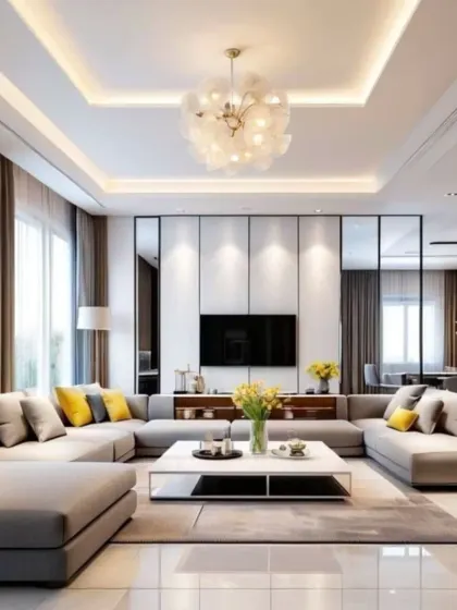 We designed this living area with a large, U-shaped sectional sofa to create a cozy and inclusive seating arrangement for the whole family. The coffered ceiling with integrated lighting and a modern chandelier adds architectural interest. Pops of yellow in the cushions bring a cheerful energy to the neutral color scheme.
