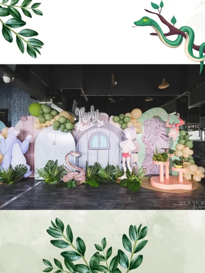 A collage showcasing the full "Jungle Book" indoor setup, complete with character backdrops, themed signage, and lush greenery, proving that a change of plans can still lead to magic.