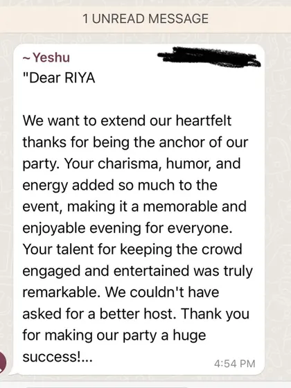 My goal is to make every event a huge success, and heartfelt feedback like this is my biggest reward. This message from a happy client shows the charisma, humor, and energy I bring to keep the crowd engaged all evening.
