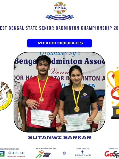 Sutanwi Sarkar winning the Mixed Doubles title at the West Bengal State Senior Badminton Championship.