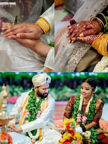 A collage of symbolic wedding moments, including holding hands and the couple seated together during the rituals.
