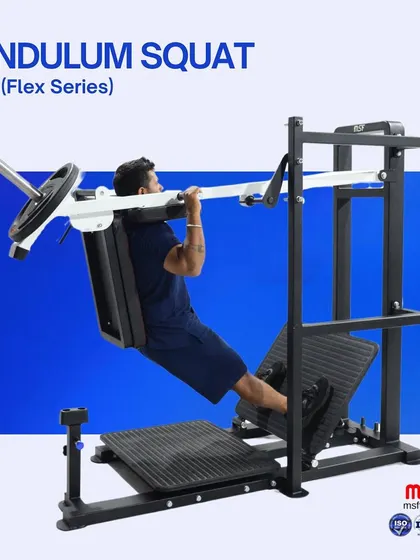 The pendulum squat in action on our 3-in-1 machine, an exercise that reduces strain on the knees and back while maximizing leg muscle activation.