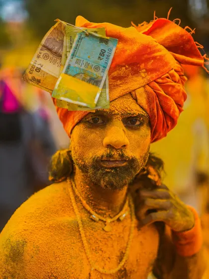 A series of striking portraits from the Pattan Kodoli festival. Each face tells a story, covered in the golden 'Bhandara' powder, reflecting deep faith and tradition.