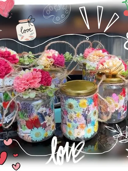 These personalized memory jars were the final creations from a fun Galentine's day brunch workshop. Each jar is decorated with photos, flowers, and personal touches, making it a truly heartfelt keepsake to remember the day.
