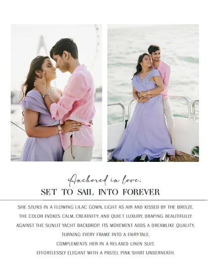 Anchored in love, setting sail into forever. For the yacht portion of their Dubai shoot, we chose a flowing lilac gown for her and a relaxed linen suit with a pink shirt for him, evoking a sense of calm, breezy luxury.