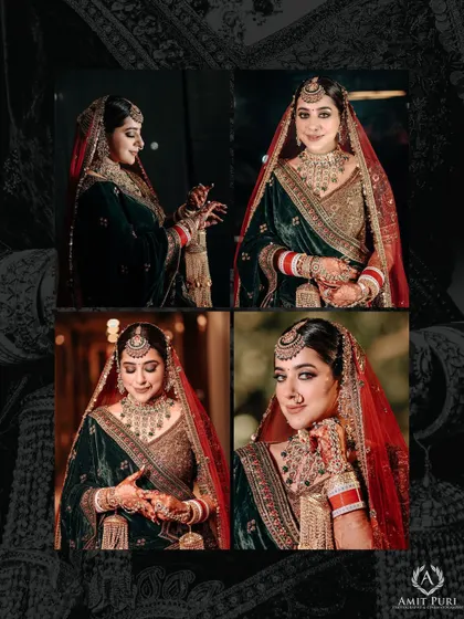 A four-panel collage of the bride in her deep green velvet lehenga. It showcases different angles and moods, from classic portraits to close-ups, all in a sophisticated monochrome style.