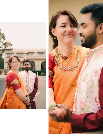 A diptych showing both a full-length and a close-up portrait, capturing the couple's loving gaze and the beautiful details of their traditional attire.