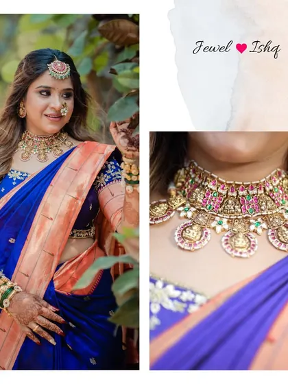 This collage gives a full view of the bride's look and a close-up of the stunning temple choker, featuring goddess motifs and pink and green stones.