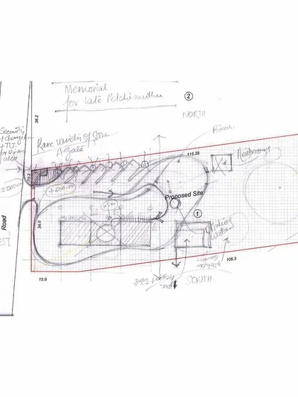 A duplicate of the memorial's site plan sketch, illustrating the fluid relationship between the built form and the surrounding tranquil landscape.
