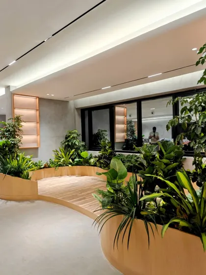 This is the future of workspaces. For this biophilic office in Hyderabad, we integrated lush planter beds and greenery directly into the architecture, creating a work environment that is healthier, calmer, and more inspiring.
