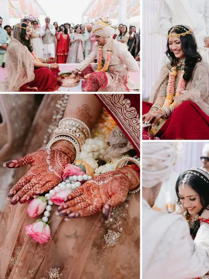 A collage of a wedding ceremony, showing the couple during the rituals, with a focus on the bride's henna-adorned hands holding flowers.