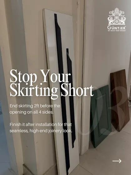I advise clients to end the wall skirting 2 feet before the door opening. This allows the door frame to be installed perfectly, and the skirting can be finished later for a high-end, seamless joinery look.