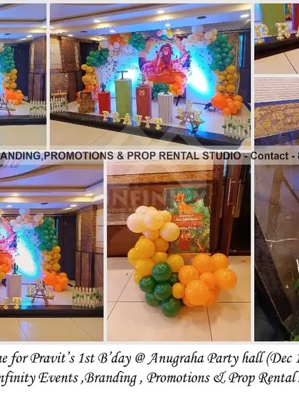 Hakuna Matata! This Lion King theme for a first birthday features a circular backdrop with a semi-arch balloon garland. Themed cylinder props and a custom milestone board bring the Pride Lands to life for this special celebration.