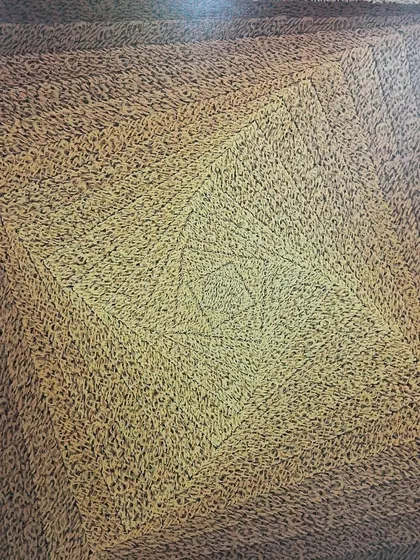 An abstract calligraphy piece with a geometric, hypnotic pattern by an Iranian artist.