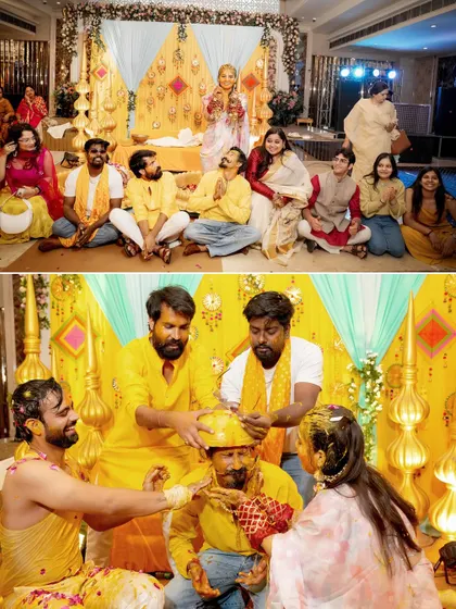 A collage from a Haldi ceremony, showing the groom being playfully covered in turmeric by his friends and family.