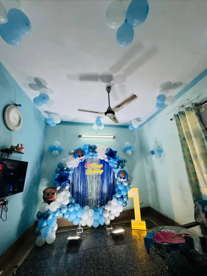 A wide-angle shot showing how the Boss Baby theme can transform an entire room into a fun party zone.