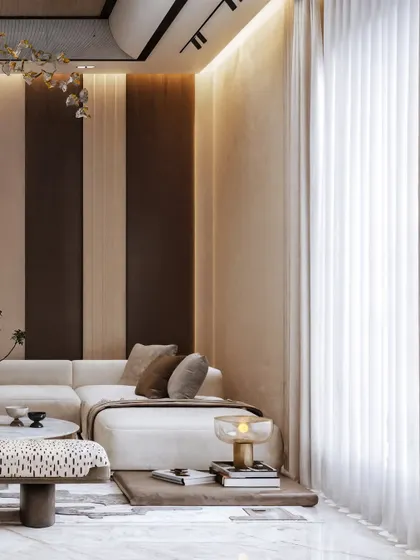 A drawing area visualization where soft, neutral tones and textures create a serene atmosphere. The render highlights the low-slung sofa and the play of light from the large window.