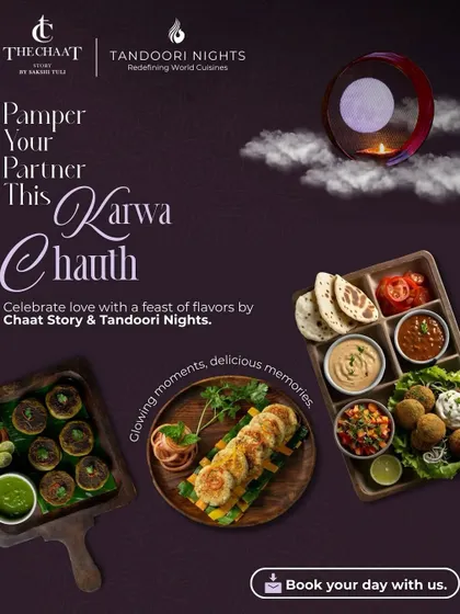 From fasting to feasting. This image shows our special Karva Chauth platter, a collaboration with The Chaat Story, designed to pamper your partner and celebrate love with a feast of flavors.