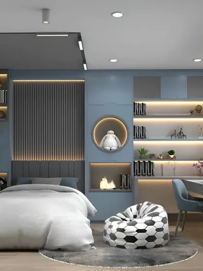 A compact and highly functional kids' room with a built-in bed, desk, and extensive shelving with backlighting. The design makes excellent use of a small space.