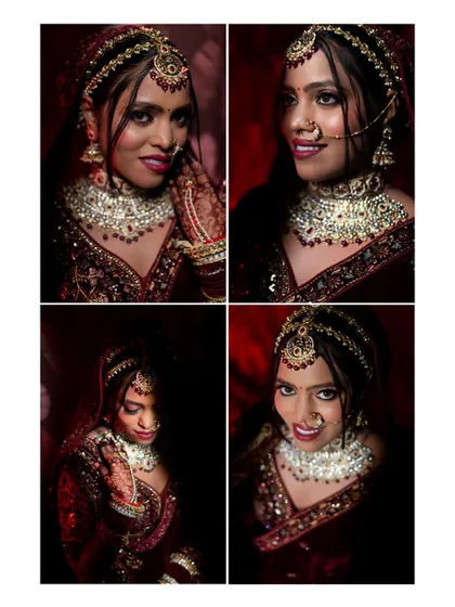 A four-image grid of close-up portraits, each capturing a different smile and glance, showcasing the bride's happiness and beauty.
