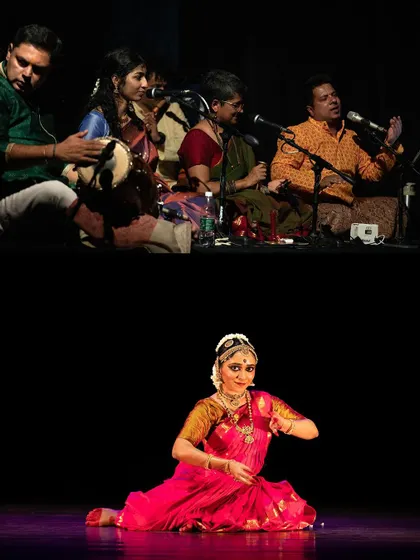 The orchestra for Meera Krishna's Margam, featuring vocal, nattuvangam, mridangam, and flute. The dancer and musicians breathe life into the performance together.