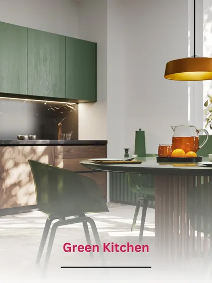 A green kitchen can feel both natural and luxurious. This design pairs deep green cabinets with dark wood tones and a marble backsplash for a sophisticated, earthy look.