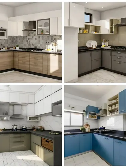 A collection of four L-shaped kitchen designs. We show how this versatile layout can be customized with different color combinations, such as grey and wood or bold blue and white.