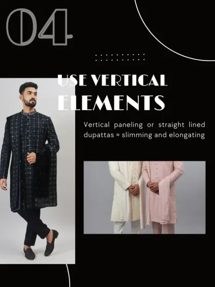 How to look taller, tip 4: Use vertical elements. Straight-lined dupattas or vertical paneling are slimming and elongating.