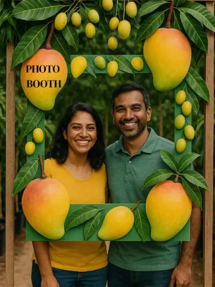 A happy couple posing at our custom-made mango photo booth. I love adding these little details to make the experience more special and shareable.