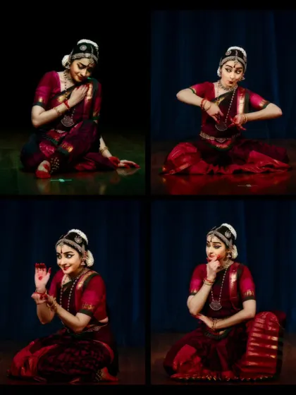A collage of four seated poses, each showing a different mudra and expression, illustrating the storytelling potential of abhinaya.