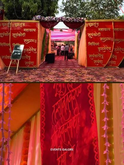 We incorporated sacred verses into the decor itself, with custom-made panels featuring the Ganesh shloka at the entrance, blending tradition seamlessly with the vibrant event design.
