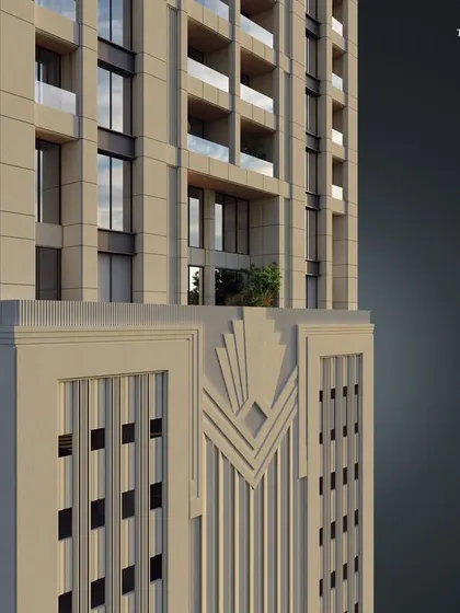 A close-up of the Art Deco detailing on Empire Tower's facade. The stone-finished solid aluminum sheet cladding and rhythmic geometry create a language that feels both nostalgic and progressive, rooted in timeless proportion.