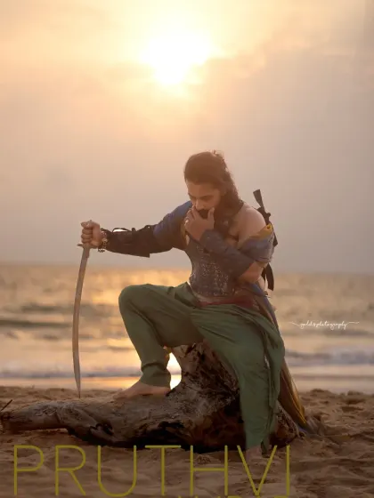 A male warrior concept shoot on the beach. Using the natural landscape and strong, directional light, I created a series of intense and heroic portraits of an actor, complete with a sword and styled costume.