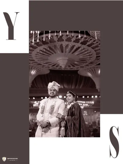 A classic black and white portrait of Yash and Simran, with their initials framing the shot, symbolizing their union.