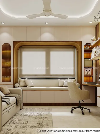 A full view of the study and seating area, showcasing how the custom wardrobe, bay window, and desk are integrated into one cohesive and space-efficient design.