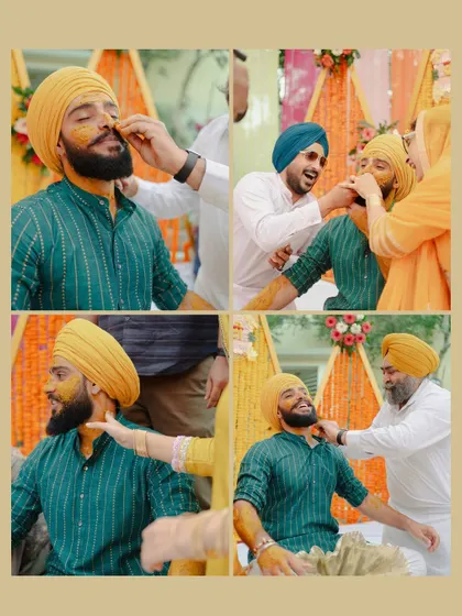 A collage from a Sikh groom's Haldi ceremony, known as the Vatna. It captures the fun and teasing as family members apply the turmeric paste.