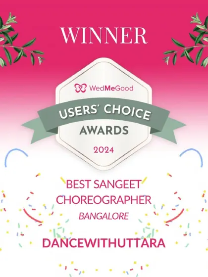 I am incredibly proud to be recognized by WedMeGood with the Users' Choice Award for Best Sangeet Choreographer. This is a testament to the love from my clients and the hard work of my team.