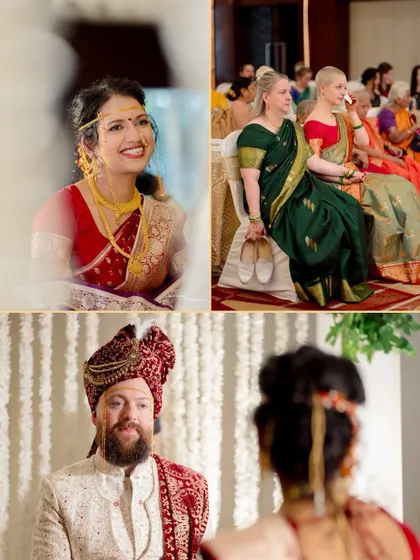 A triptych of candid moments during the ceremony. The bride's smile, the groom's anticipation, and a guest's emotional reaction together tell a richer story.