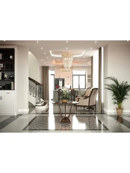 A grand foyer with high-gloss floors and a beautiful staircase. The elegant console table and large plant create a sophisticated and welcoming first impression.
